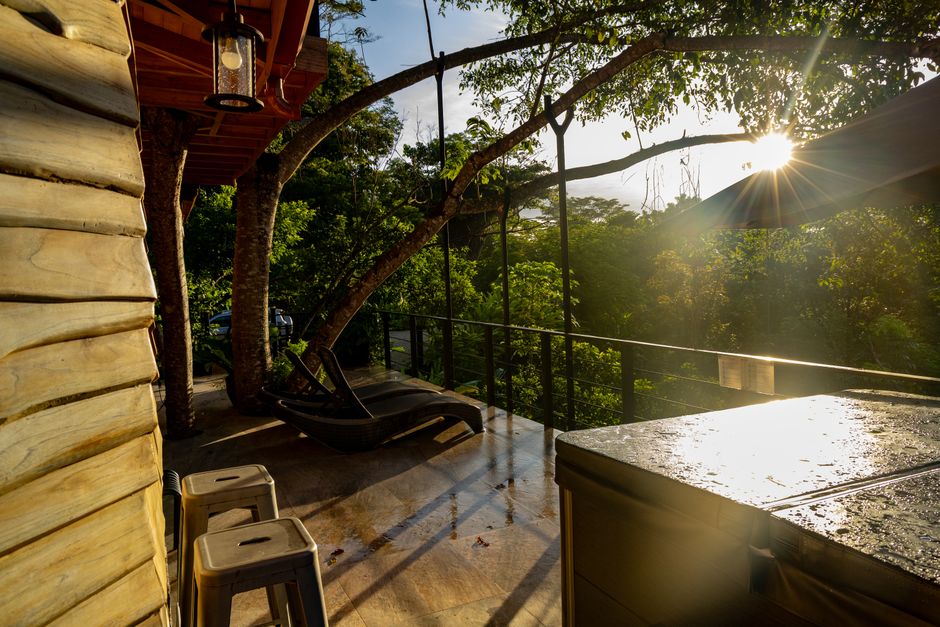 A tranquil outdoor patio overlooking lush greenery with sunlight streaming through trees.