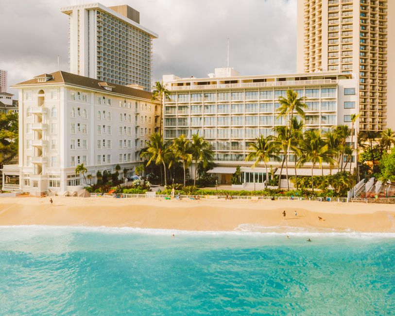 Beachfront hotel surrounded by palm trees and turquoise ocean waves in a tropical travel destination.