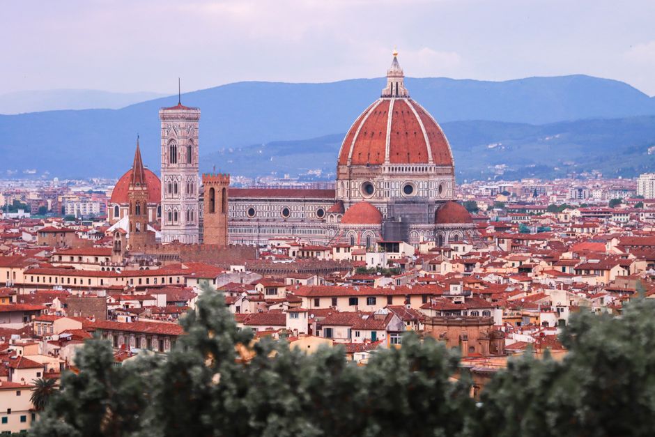 Stunning aerial view of Florence Cathedral and cityscape, a UNESCO World Heritage Site in Tuscany, Italy.