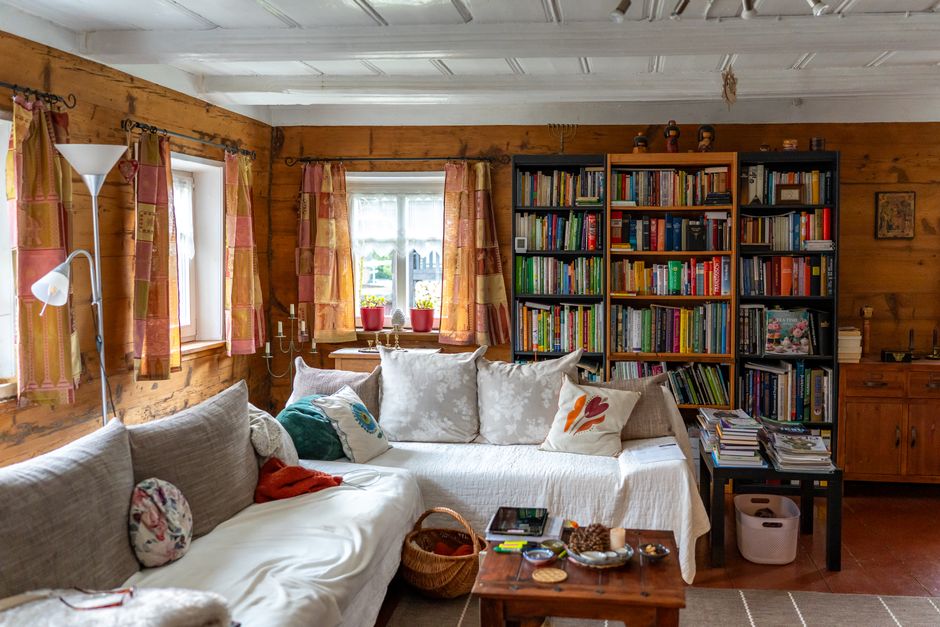 Warm and inviting living room in Zittau, Germany with bookshelves and a cozy sofa.